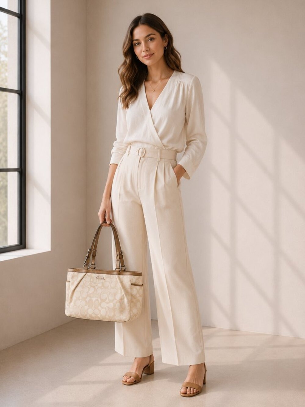 Coach Signature Jacquard Canvas Tote Cream Tan Leather Trim 0495 - Picture 1 of 12